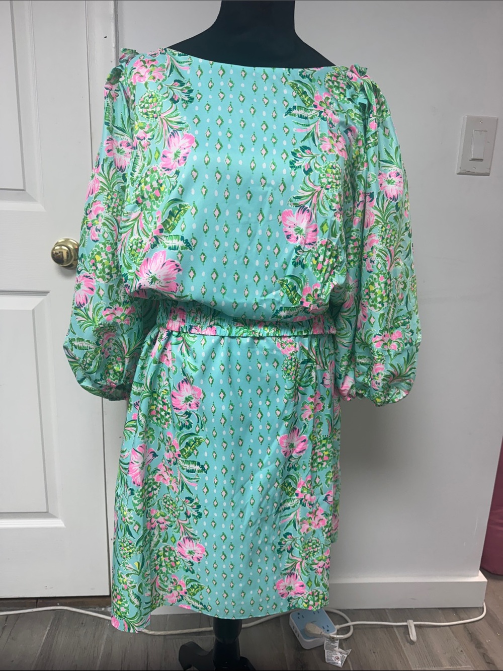 Lilly Pulitzer Floral Mint Green Puff-Sleeve Dress